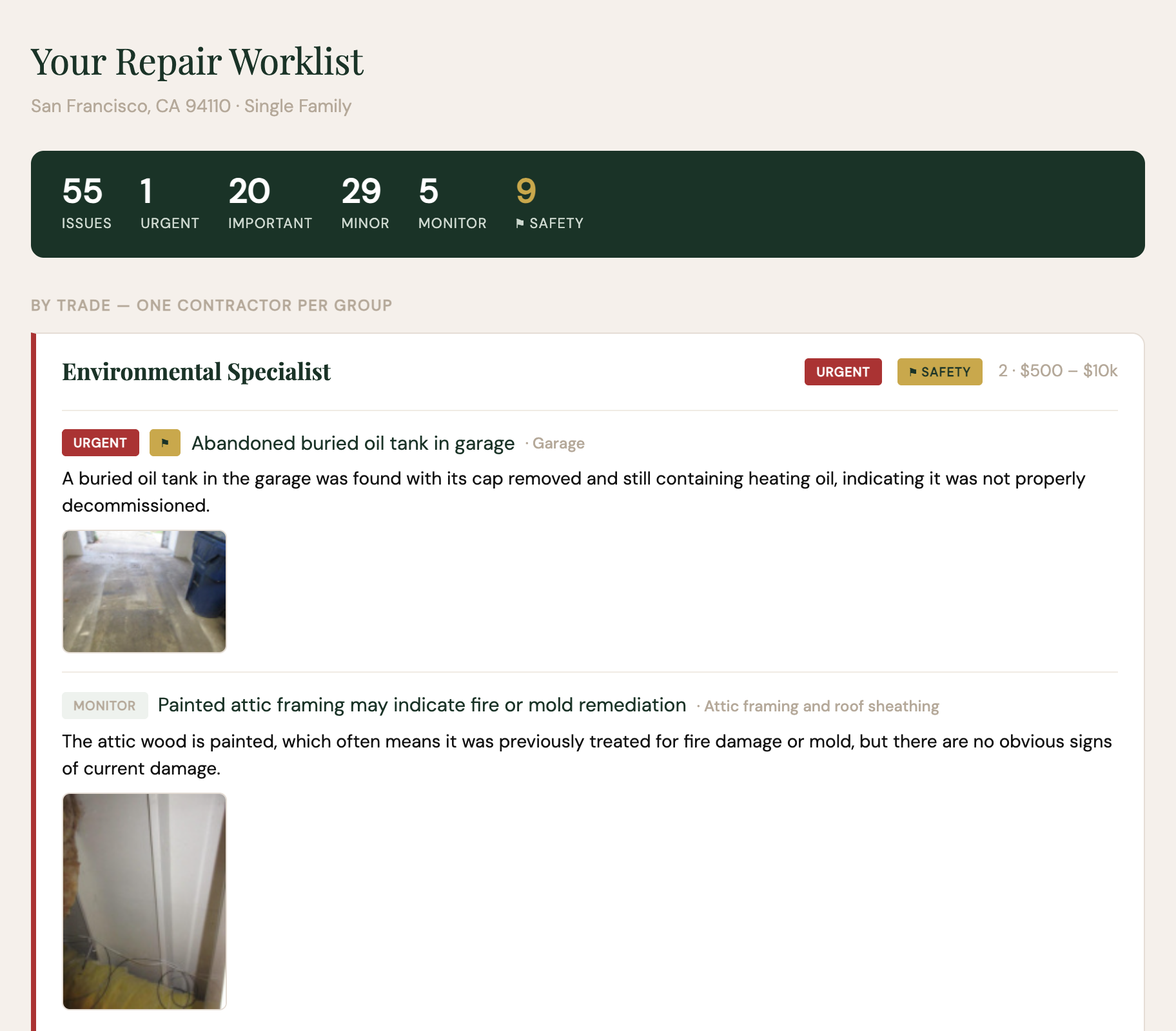 HomeGuide repair worklist — issues prioritized and grouped by trade with inspector photos